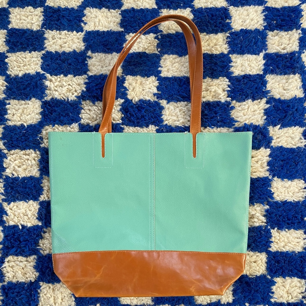 Nordstroms two tone turquoise and brown shoppers tote bag